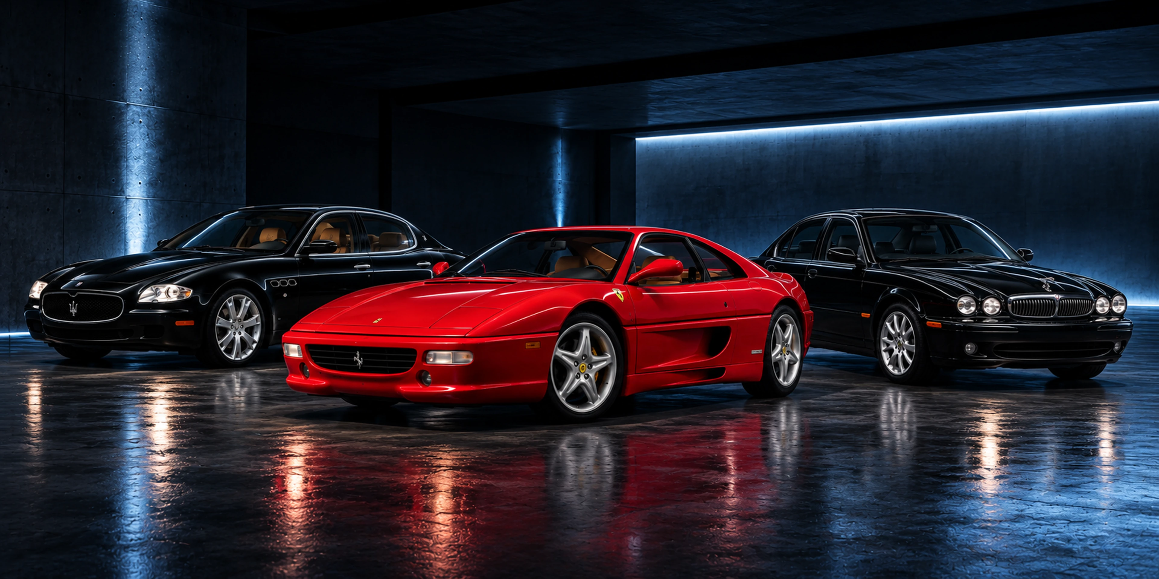 A red Ferrari F355 Berlinetta in front of a black Maserati Quattroporte and a black Jaguar X-Type, parked together in a dark concrete garage.