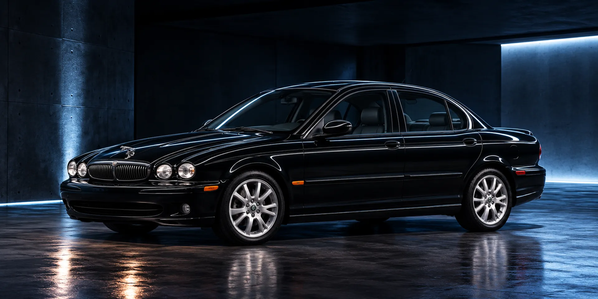 Black Jaguar X-Type saloon, front three-quarter view, in a dark concrete garage