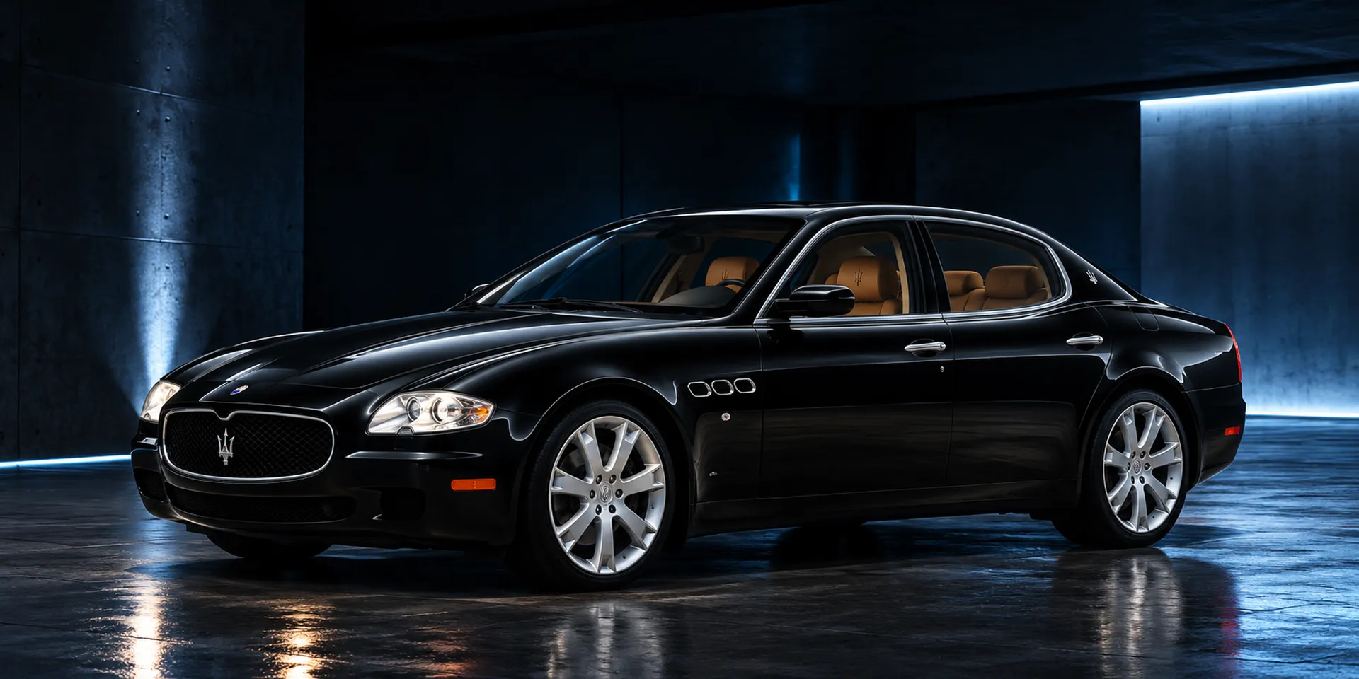 Black Maserati Quattroporte, front three-quarter view, in a dark concrete garage